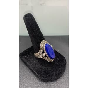 Designer Signed Marc 925 Silver Marcasite & Lapis Lazuli Faceted Stone Ring 7.75